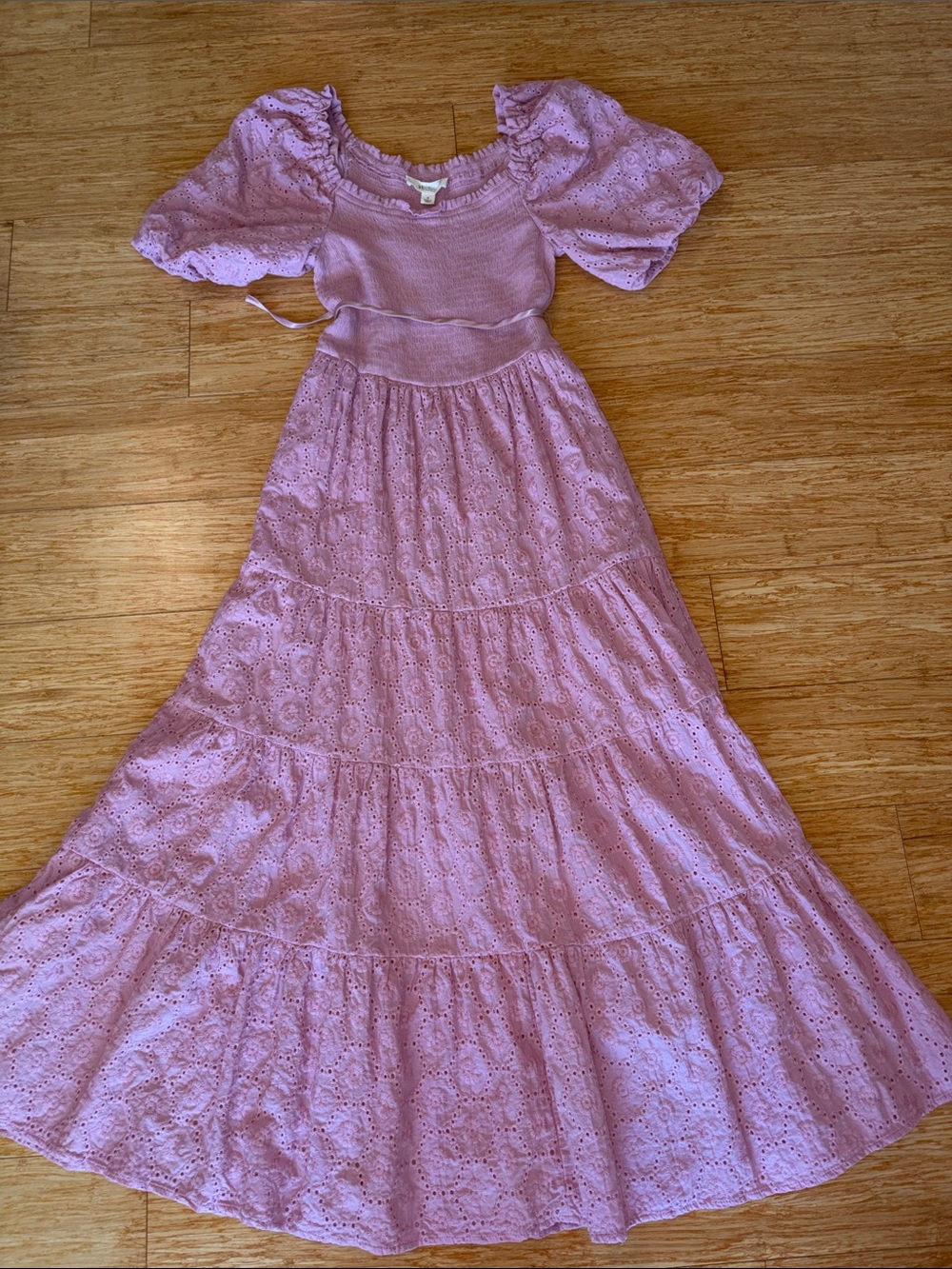 Nurture by Westbound Lavender Purple Smocked Eyelet Tiered Maxi Dress Size Small